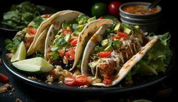 uma delicioso taco com carne, guacamole, tomate, e fresco coentro gerado de ai foto