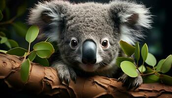 fofa coala, pequeno marsupial, olhando às Câmera, sentado em ramo gerado de ai foto