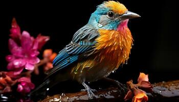 lindo pássaro empoleirar-se em uma ramo dentro uma tropical floresta gerado de ai foto