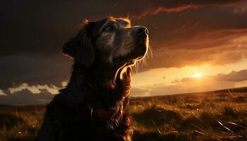 fofa cachorro sentado dentro grama, olhando às pôr do sol, puro alegria gerado de ai foto