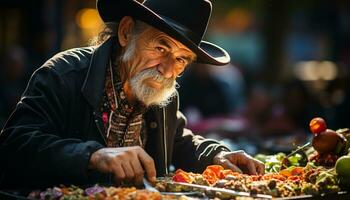 sorridente Senior homem segurando fresco vegetais, desfrutando outono colheita gerado de ai foto