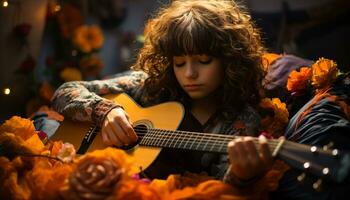 uma fofa menina jogando guitarra, sorridente, cercado de natureza beleza gerado de ai foto