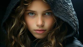 retrato do uma fofa caucasiano menina com grandes encaracolado Castanho cabelo gerado de ai foto