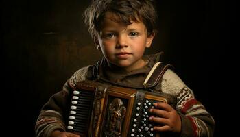 uma fofa caucasiano Garoto jogando uma musical instrumento, olhando às Câmera gerado de ai foto