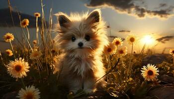 uma fofa cachorro sentado dentro a grama, desfrutando a verão gerado de ai foto