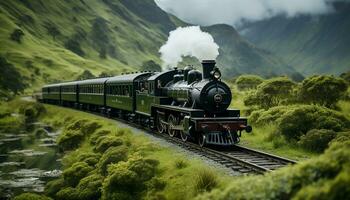 vapor trem chugs através montanhoso paisagem, uma nostálgico modo do transporte gerado de ai foto
