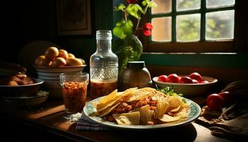 frescor em uma de madeira mesa, gourmet refeição, saudável comendo dentro de casa gerado de ai foto