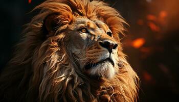 majestoso leão, selvagem e indomável, encarando com perigoso beleza gerado de ai foto