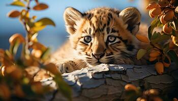 uma fofa Bengala tigre se escondendo dentro a floresta, brincalhão e jovem gerado de ai foto