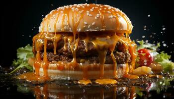 grelhado carne hamburguer com tomate, queijo, e fresco legumes gerado de ai foto