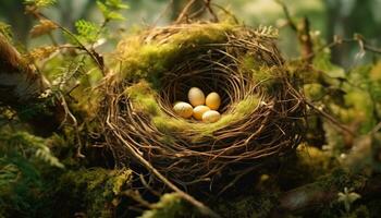 Novo vida surge dentro natureza celebração, uma fofa jovem pássaro gerado de ai foto