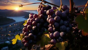 uva Vinhedo dentro outono, maduro fruta, pôr do sol, frescor, orgânico vinificação gerado de ai foto