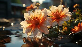 uma vibrante flor Flor reflete dentro uma molhado lago, exibindo natureza beleza gerado de ai foto