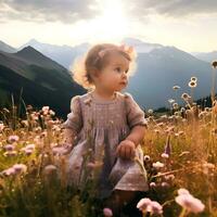 uma pintura do montanha lago verão bebê dentro a lindo fundo foto