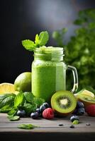 ai gerado smoothy dentro pedreiro jarra e fresco frutas foto