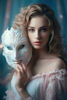 uma lindo jovem mulher segurando uma ampla veneziano mascarar perto dela face ai gerado foto