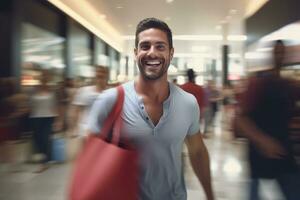 retrato do feliz masculino vai para compras dentro moderno roupas loja, bonito homem caminhando dentro compras Shopping cercado de borrado pessoas. foto