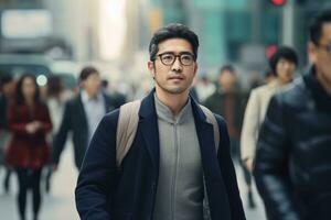 ásia homem caminhando dentro moderno cidade, bonito Ásia cara anda em em uma lotado pedestre rua. foto
