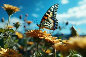 lindo borboleta cercado de flores e folhas azul céu fundo. generativo ai foto