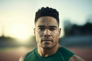 atleta homem misturado raça em estádio. gerar ai foto