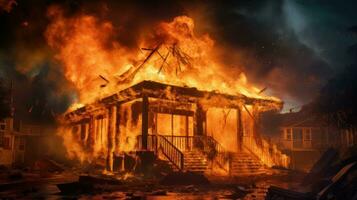 casa em fogo acidente, queimando carro fundo, casa seguro conceito. generativo ai foto