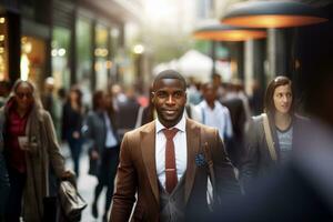 Preto homem de negocios caminhando dentro moderno cidade, bonito homem anda em em uma lotado pedestre rua, africano Gerente cercado de borrão pessoas em ocupado rua. foto