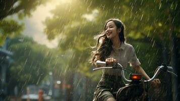 humano diariamente vida em chuvoso dia. desfrutando chuva e feliz vida, animado chuvoso estação conceito. generativo ai foto