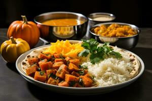 indiano abóbora Curry com lado pratos dentro tradicional configuração isolado em uma branco fundo foto