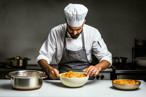 italiano chefe de cozinha mexendo abóbora risoto dentro tradicional cozinha isolado em uma branco fundo foto