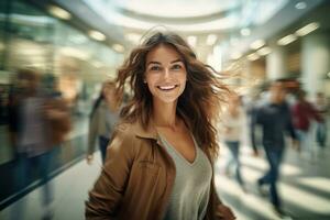 retrato do feliz fêmea vai para compras dentro roupas loja, lindo homem caminhando dentro compras Shopping cercado de borrado pessoas foto