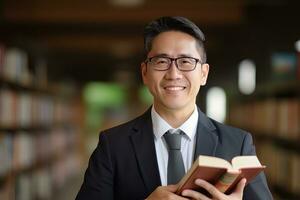 retrato do feliz ásia masculino professor com uma livro dentro escola, jovem homem tutor sorridente e olhando às a Câmera foto