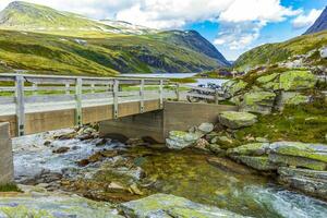 de madeira ponte sobre rio dentro montanhas rondane nacional parque Noruega. foto