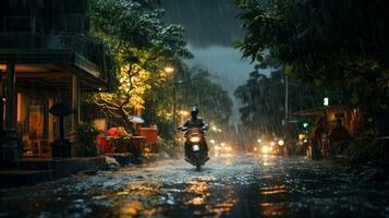 humano diariamente vida em chuvoso dia. desfrutando chuva e feliz vida, animado chuvoso estação conceito. generativo ai foto