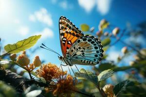 lindo borboleta cercado de flores e folhas azul céu fundo. generativo ai foto