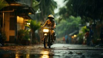 humano diariamente vida em chuvoso dia. desfrutando chuva e feliz vida, animado chuvoso estação conceito. generativo ai foto