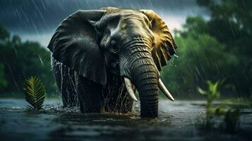 épico fotografia tiro do elefante em chuvoso dia. animado chuvoso estação conceito. generativo ai foto