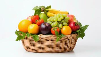 fresco frutas dentro cesta isolado em branco fundo, saudável frutas rico dentro vitaminas. generativo ai foto
