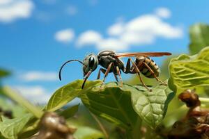 fechar acima tiro do formiga achando Comida em folha nublado azul céu fundo. generativo ai foto