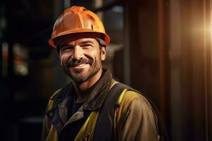 retrato do alegre trabalhadores vestindo segurança uniforme, construção Engenharia trabalho em construção construção site, observa e verificação a projeto. foto