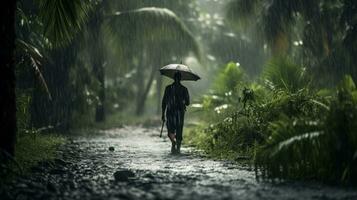 humano diariamente vida em chuvoso dia. desfrutando chuva e feliz vida, animado chuvoso estação conceito. generativo ai foto