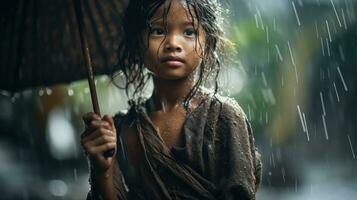 humano diariamente vida em chuvoso dia. desfrutando chuva e feliz vida, animado chuvoso estação conceito. generativo ai foto