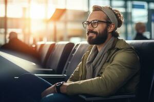 feliz turista sorridente às aeroporto terminal, alegre homem espera para voar dentro uma embarque salão do CIA aérea eixo. foto