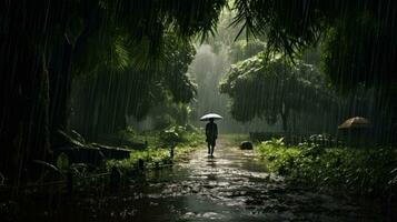 humano diariamente vida em chuvoso dia. desfrutando chuva e feliz vida, animado chuvoso estação conceito. generativo ai foto