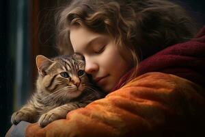 pequeno menina abraçando dela gato com caloroso luz fundo, criança abraços uma disperso gato para transmitindo uma sentido do amar. foto
