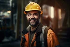 retrato do alegre trabalhadores vestindo segurança uniforme, construção Engenharia trabalho em construção construção site, observa e verificação a projeto. foto