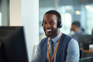 retrato do uma bonito africano homem, cliente serviço operador, ligar Centro trabalhador falando através fone de ouvido com cliente dentro moderno escritório. foto