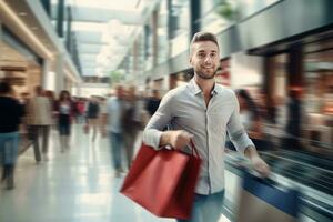 retrato do feliz masculino vai para compras dentro moderno roupas loja, bonito homem caminhando dentro compras Shopping cercado de borrado pessoas. foto