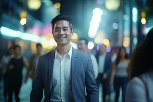 retrato do feliz homem de negocios caminhando em rua às noite, bonito ásia Gerente dentro moderno cidade cercado de borrado pessoas foto