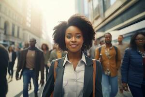 africano empresária caminhando dentro moderno cidade, lindo mulher anda em em uma lotado pedestre rua, o negócio Gerente cercado de borrão pessoas em ocupado rua. foto