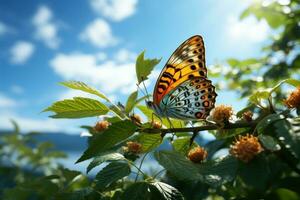 lindo borboleta cercado de flores e folhas azul céu fundo. generativo ai foto